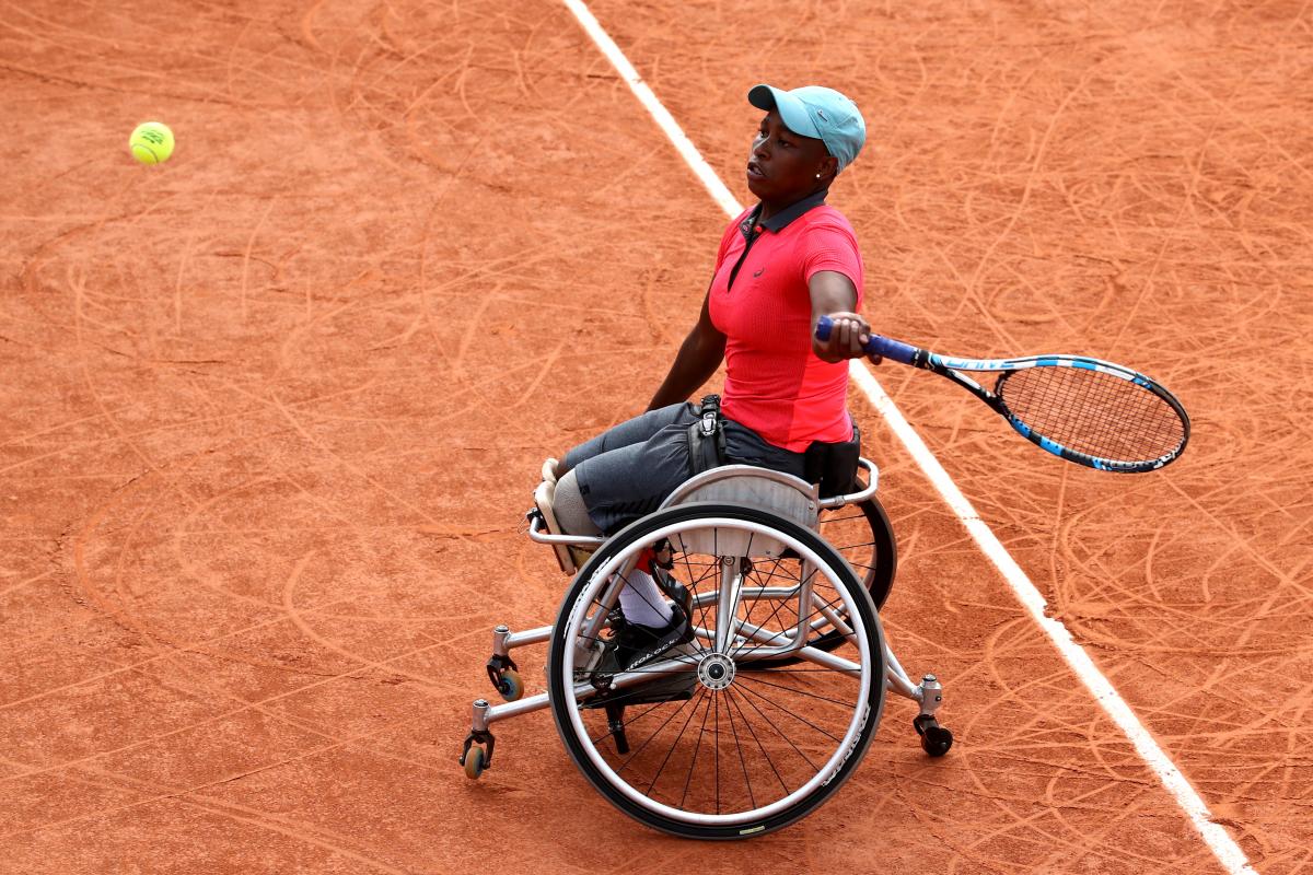 South African wheelchair tennis player Kgothatso-Montjane playing on clay