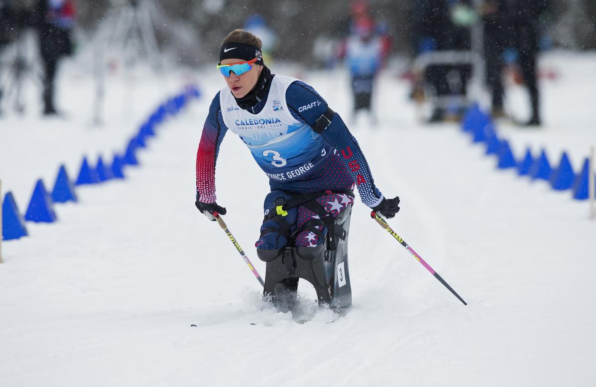 female Para Nordic skier Oksana Masters skis on the course