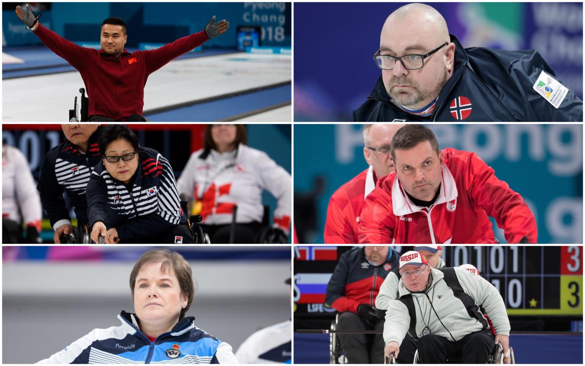 four male and two male wheelchair curlers 