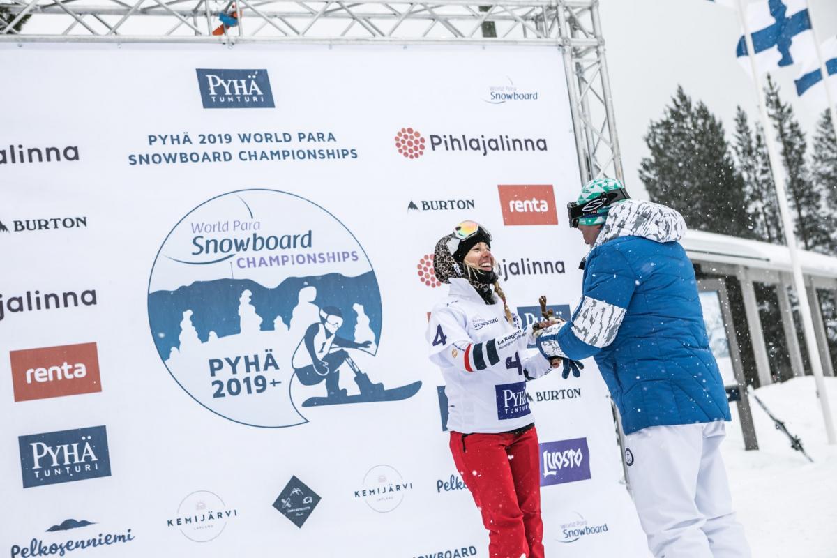 Cecile Hernandez - Pyha 2019 female Para snowboader Cecile Hernandez accepts her gold medal on the podium