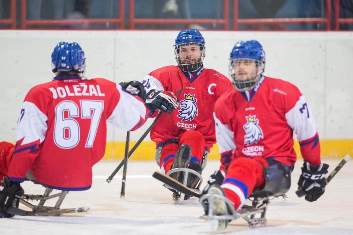 Czech Republic Para ice hockey national team - Slovakia Cup 2019 Three male Para ice hockey players on ice