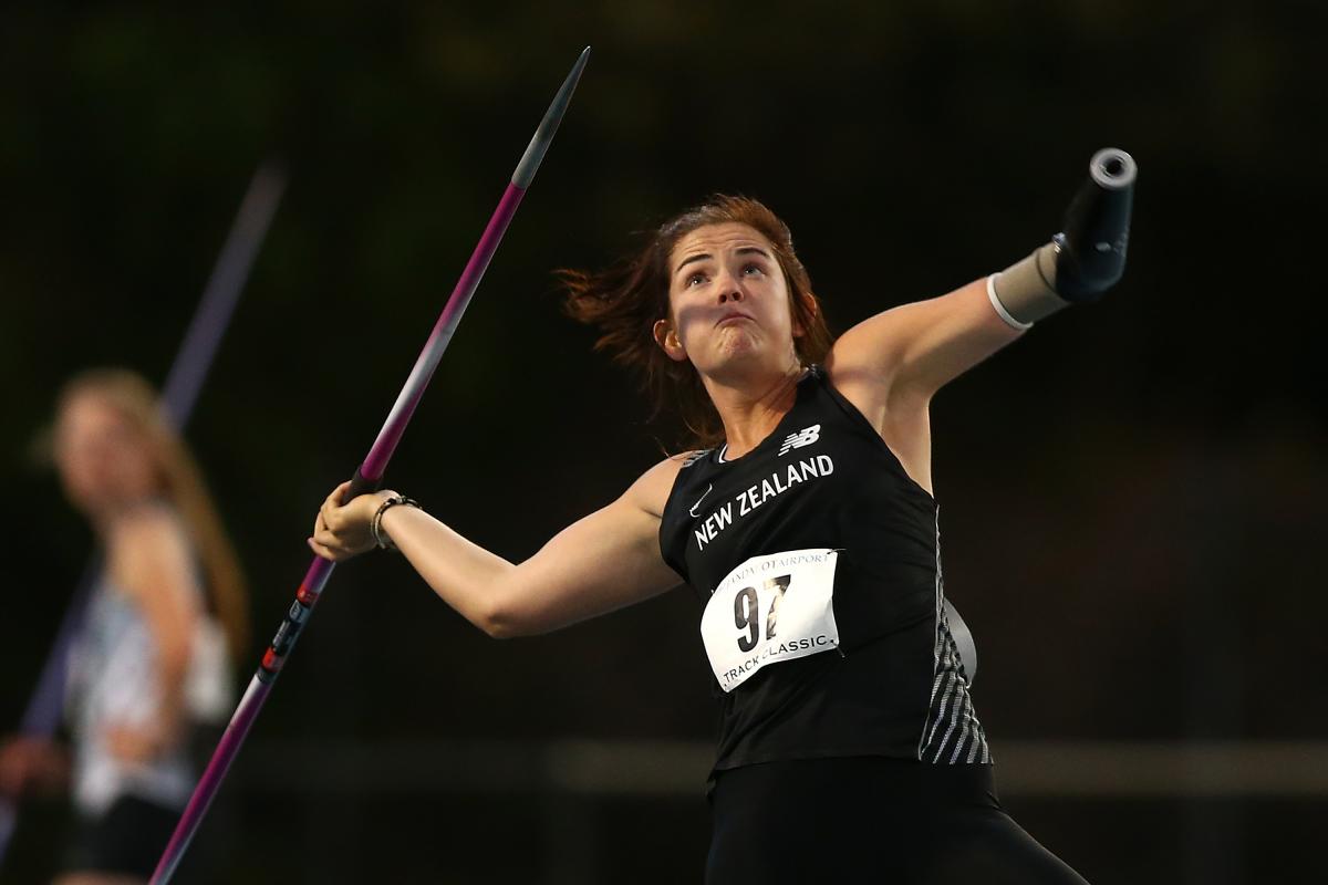 New Zealand's athlete Holly Robinson throwing a javelin during a competition