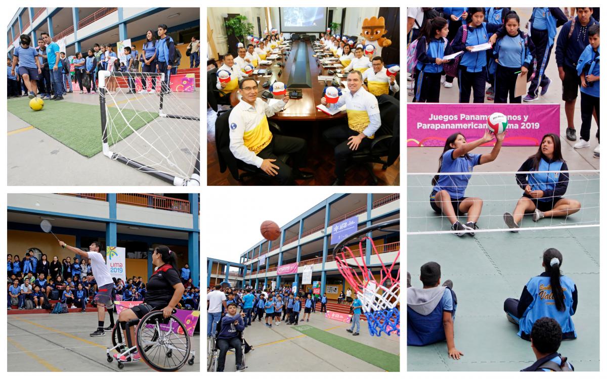 Lima 2019 - 100 days to go Four photos in a collage showing shoolchildren trying Para sports and one of Peruvian President and his Cabinet of Ministers wearing Lima 2019 gear