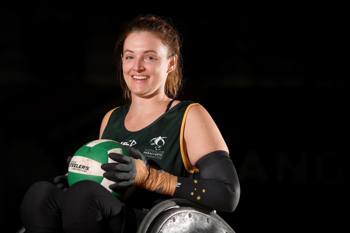 female wheelchair rugby player Shae Graham holding a ball