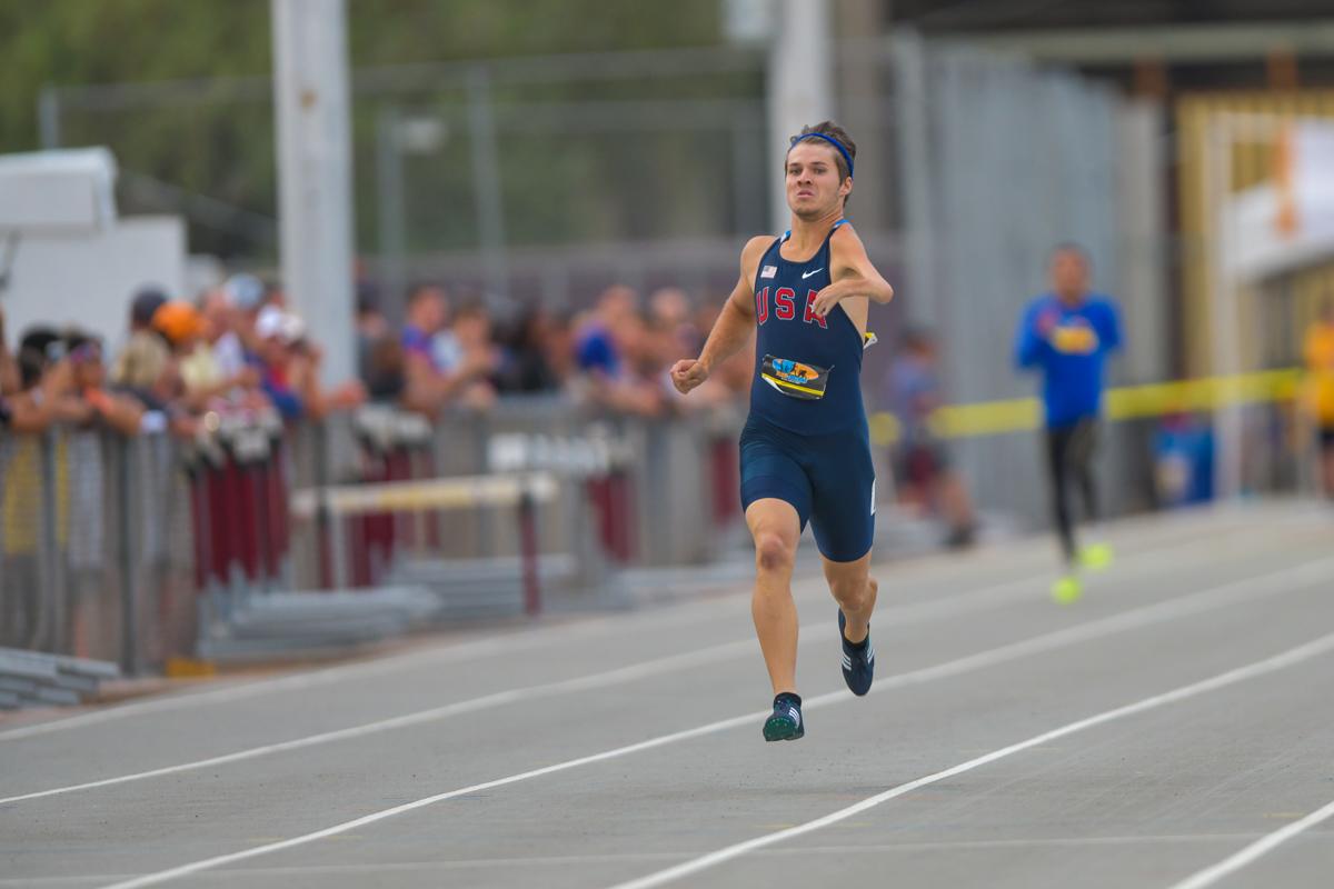 US sprinter on the track running towards the finish line