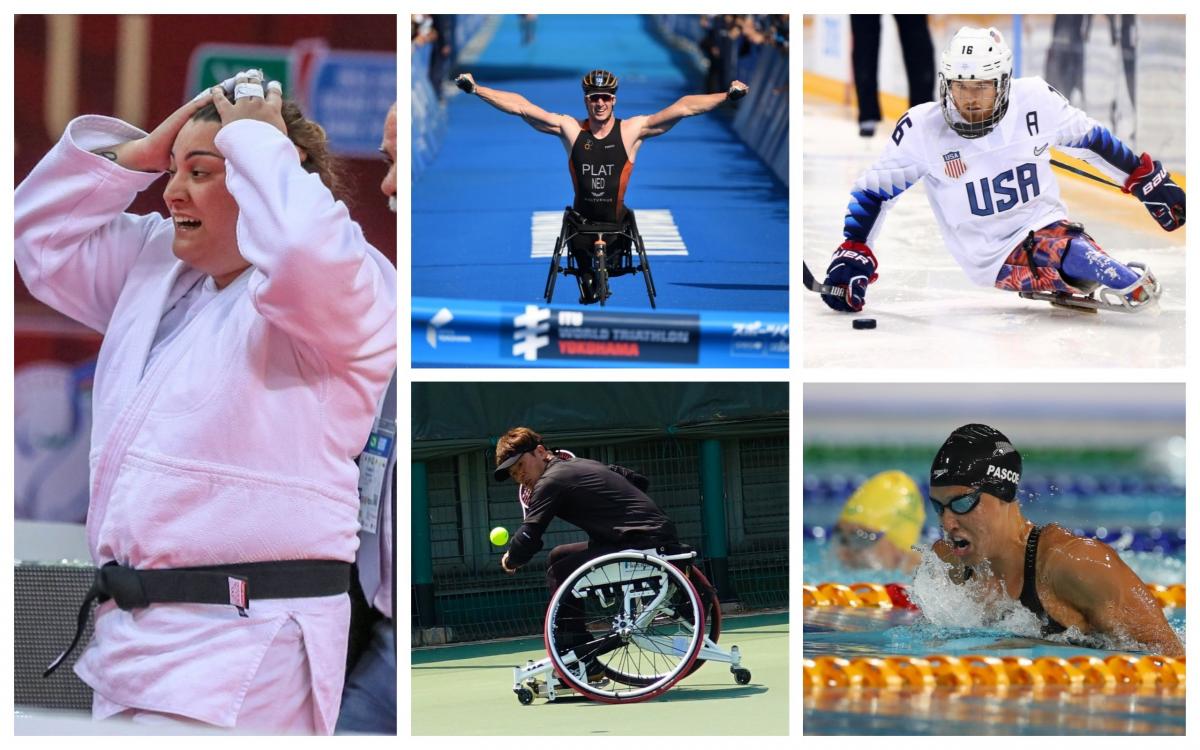 Athlete of the Month - May 2019 Picture collage of five athletes: swimmer, judoka, wheelchair tennis player, ice hockey player and triathlete