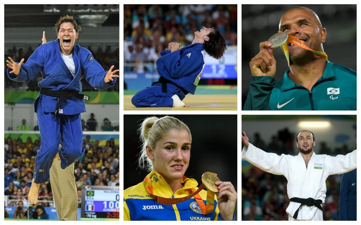 Picture collage of five judoka either with their medals or celerbating