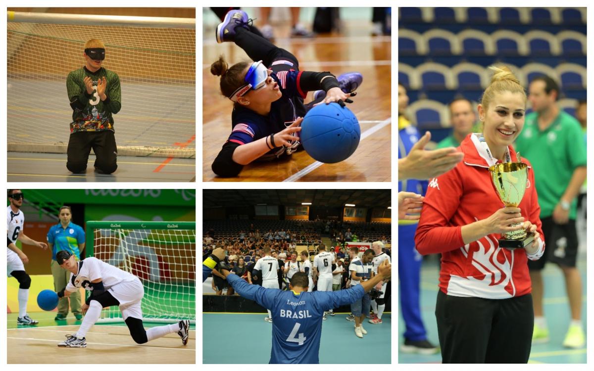 Photo collage of five goalball players