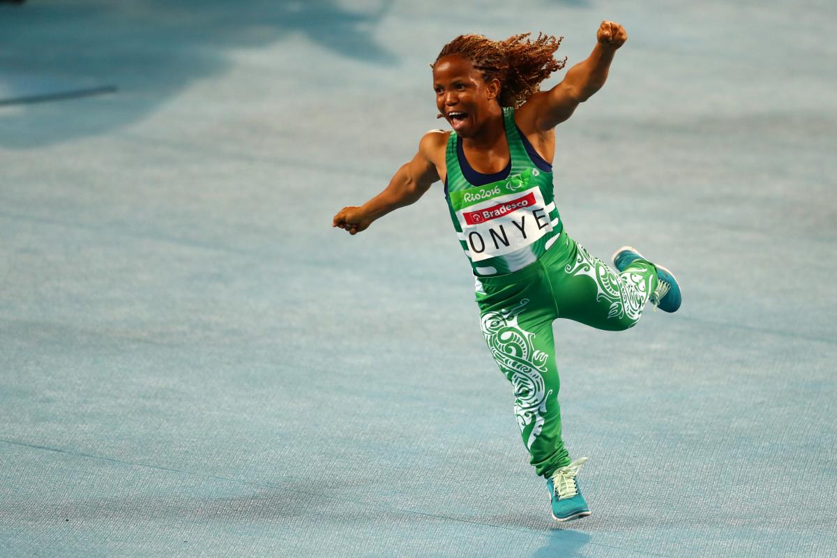 Lauritta Onye - Nigeria - Women's Shot Put - Rio 2016 Paralympic Games A short-statured woman celebrating
