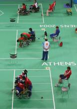 Athletes practice Boccia