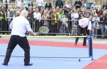 Tennis match between David Cameron and Boris Johnson at IPD