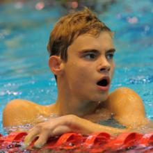 Yevheniy Bohodayko in the pool after a race