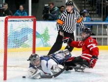 A picture of the ice sledge hockey players on a field