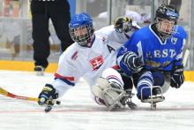 A picture of 2 men in sledge fighting the puck during a ice hockey match