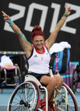 Great Britain's Jordanne Whiley celebrating victory