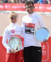 IPC  Athletics Marathon World Cup men's race winner El Amin Chentouf of Morocco poses women's race winner Maria Paredes Rodriguez of Spain