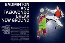 Preview of a magazine Paralympian pages 12 and 13 with a story: Tokyo 2020 sports decision, Badminton and Taekwondo break new ground with a picture of badminton and taekwondo athletes.