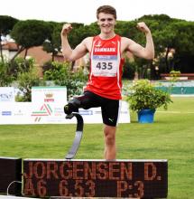 Denmark’s Daniel Jorgensen after breaking own long jump T42 world record in Grosseto, Italy.