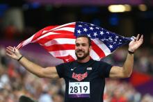 Jeremy Campbell of the United States celebrates winning gold in the Men's Discus Throw - F44 Final on day 8 of the London 2012 Paralympic Games.