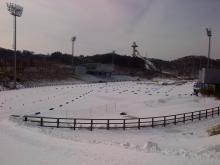 View on a biathlon stadium, covered with snow