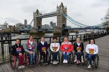 The USA's Joshua George, Switzerland's Marcel Hug, the USA's Tatyana McFadden, Jpana's Wakako Tsuchida and the British trip of David Weir, Shelly Woods and Jade Jones attend a photocall ahead of the 2016 Virgin Money London Marathon.