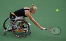 Diede De Groot of the Netherlands playing against Yui Kamiji JPN in the Women's Singles Bronze Medal Match. Wheelchair Tennis at the Rio 2016 Paralympic Games.