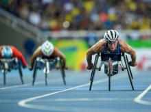 Tatyana McFadden of the USA winning the Gold Medal in the Women's 400m - T54 Final in the Olympic Stadium. at the Rio 2016 Paralympic Games.