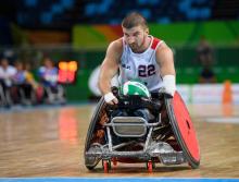 Kory Puderbaugh USA with the ball in the centre of the pitch. Mixed - Pool Phase Group B, Match 021. Wheelchair Rugby at the Rio 2016 Paralympic Games.