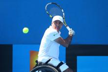 Stephane Houdet of France in action in his Men's Wheelchair Singles Final against Shingo Kunieda of Japan during the Australian Open 2015 Wheelchair Championships 