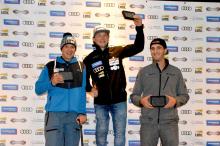 Chris Vos of the Netherlands, Reinhold Schett of Austria and Mark Mann of the USA at the IPC Snowboard Europa Cup in Landgraaf, the Netherlands.