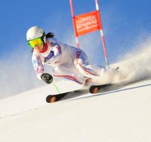 A picture of a woman skiing