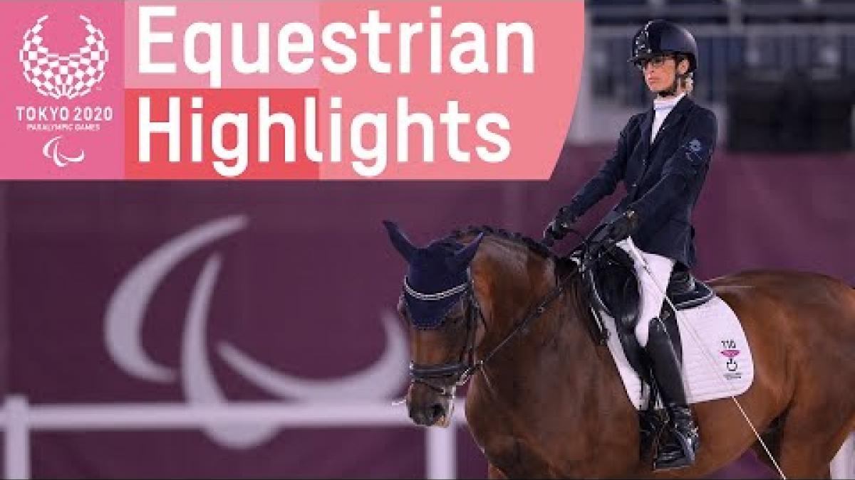 Video Thumbnail with a female Para equestrian athlete and text &quot;Tokyo 2020 Paralympic Games equestrian Highlights&quot;.