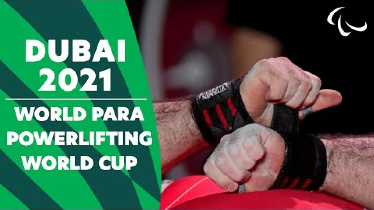 Video thumbnail of the World Para Powerlifting World Cup in Dubai 2021 with a male  Para powerlifting athlete in action.