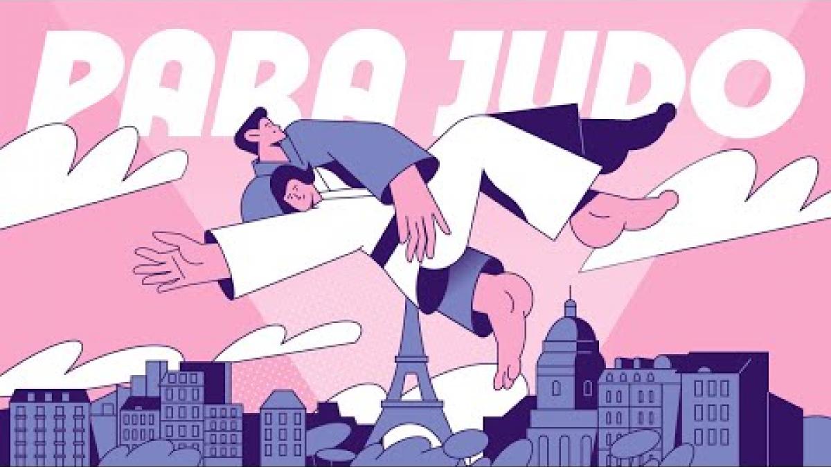 The thumbnail of a video introducing Para Judo. A graphic of two Para Judo athletes in front of the Paris skyline and the Eiffel Tower.
