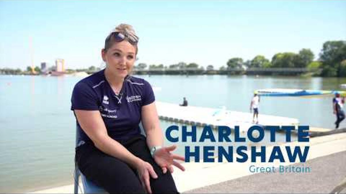 Video Thumbnail of a female Para canoe athlete being interviewed and text, &quot;Charlotte Henshaw Great Britain&quot;.