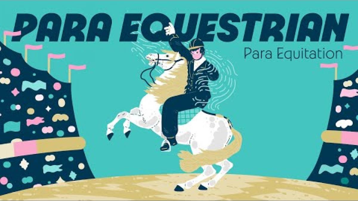 Video Thumbnail of an illustrated Para equestrian athlete on a horse and with text "Para equestrian Para equitation".