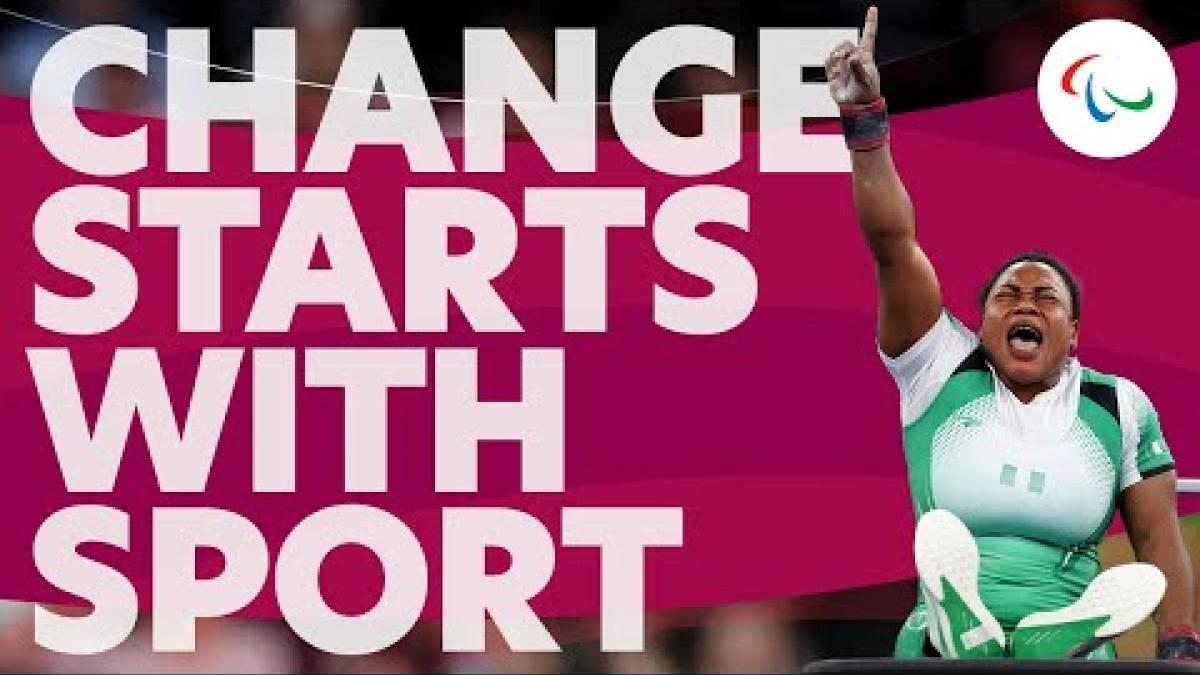 Video celebrating International Day of Persons with Disabilities. The thumbnail features a female Para powerlifting athlete and words &quot;Change Starts with Sport&quot;