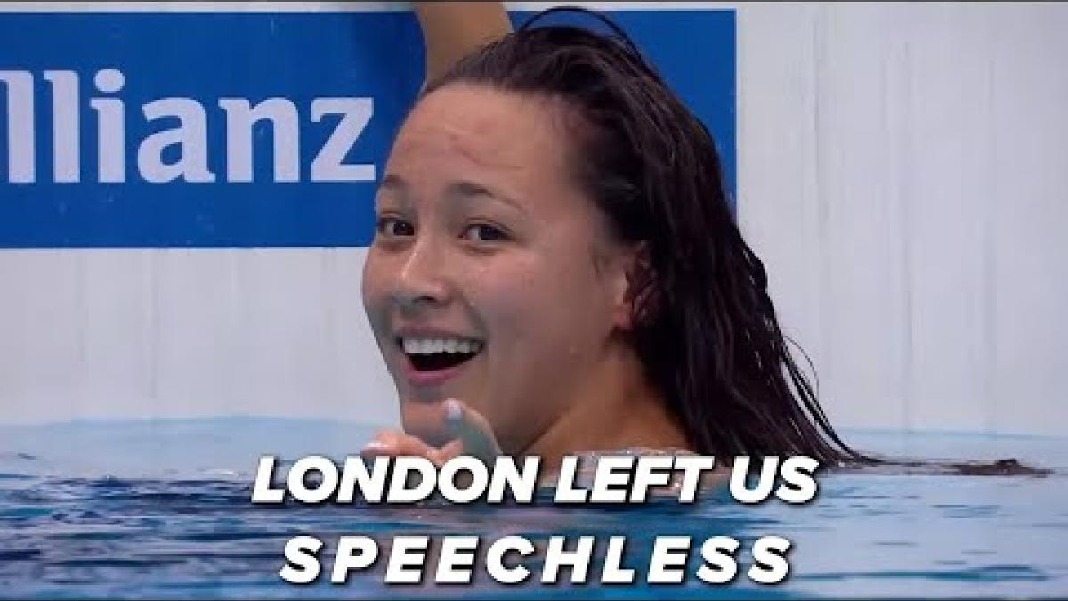 Video Thumbnail with a female Para swimmer reacting to her results and text &quot;London left us speechless&quot;.