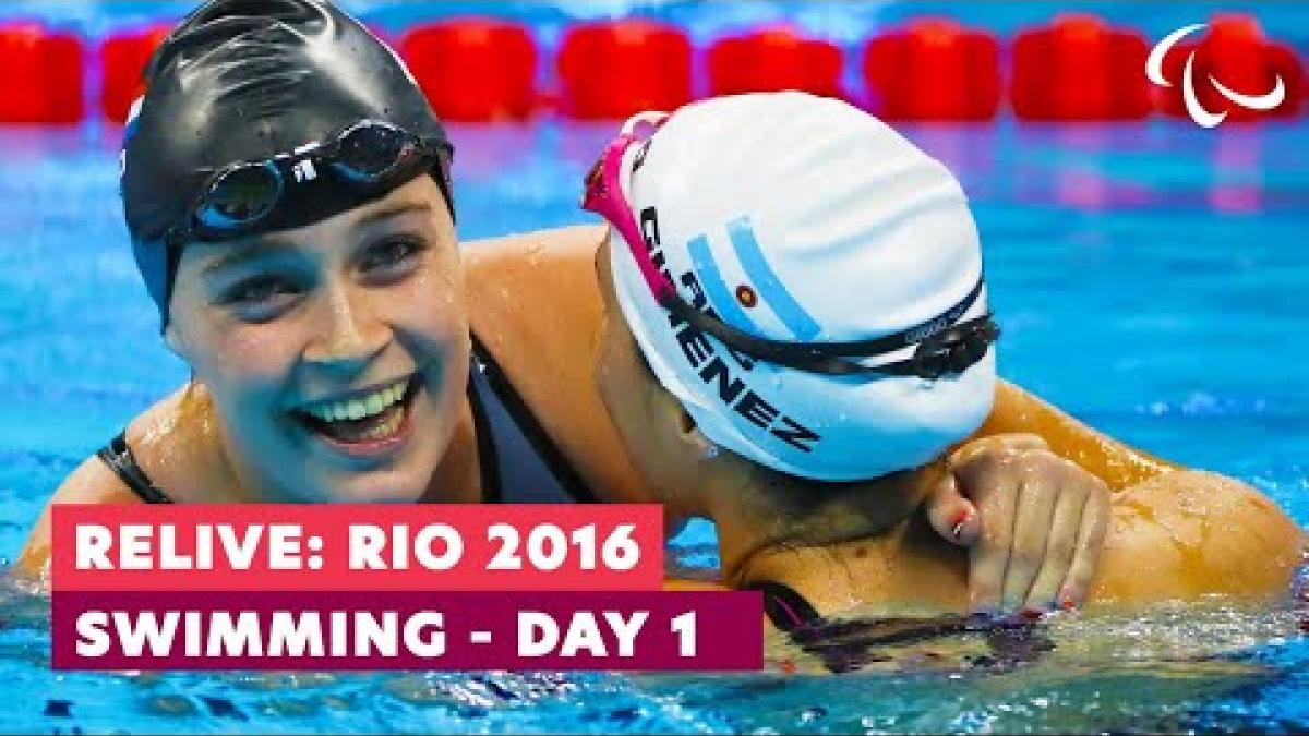 Video Thumbnail of two female Para swimmers embracing each other and text &quot;Relive: Rio 2016 Swimming - Day 1 
