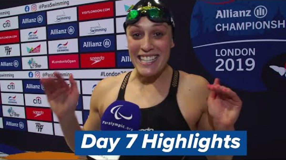 Video Thumbnail with a female Para swimmer being interviewed and text &quot;Day 7 Highlights&quot;.