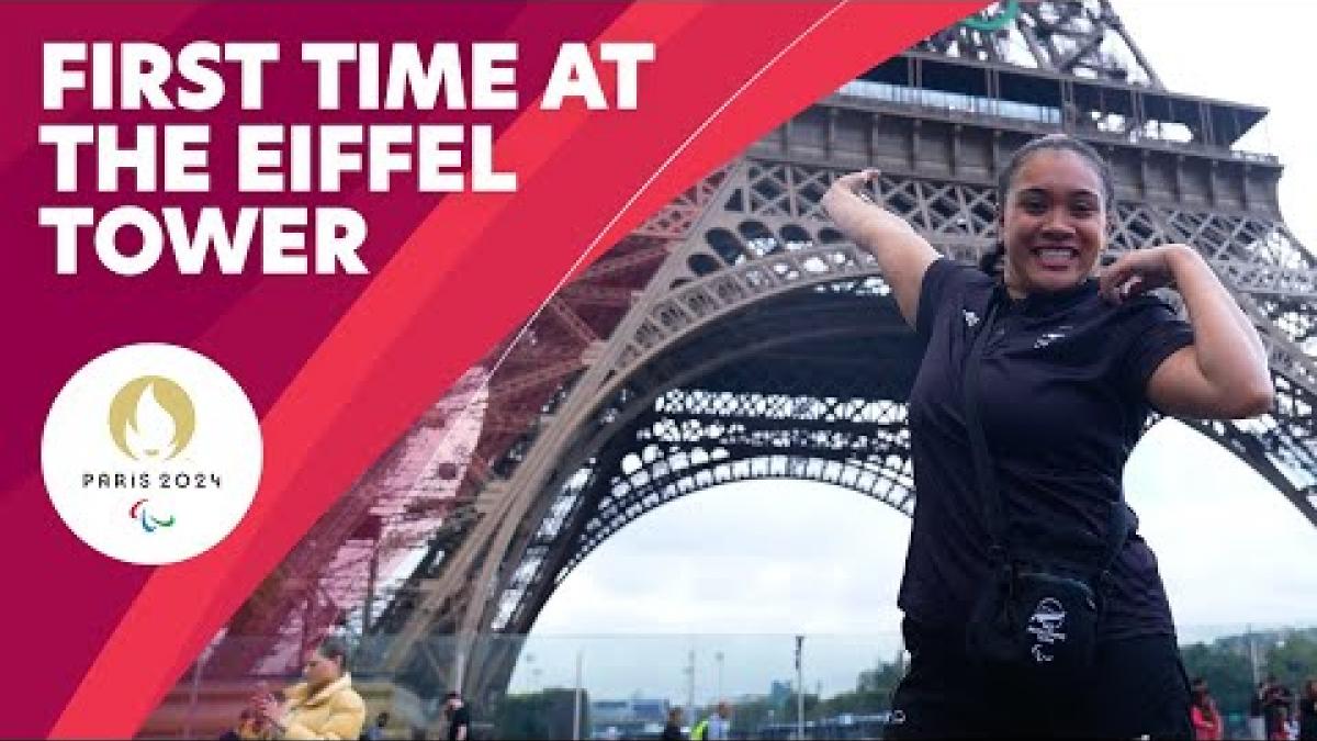 Video Thumbnail of a female Para swimmer visiting the Eiffel Tower for the first time. 