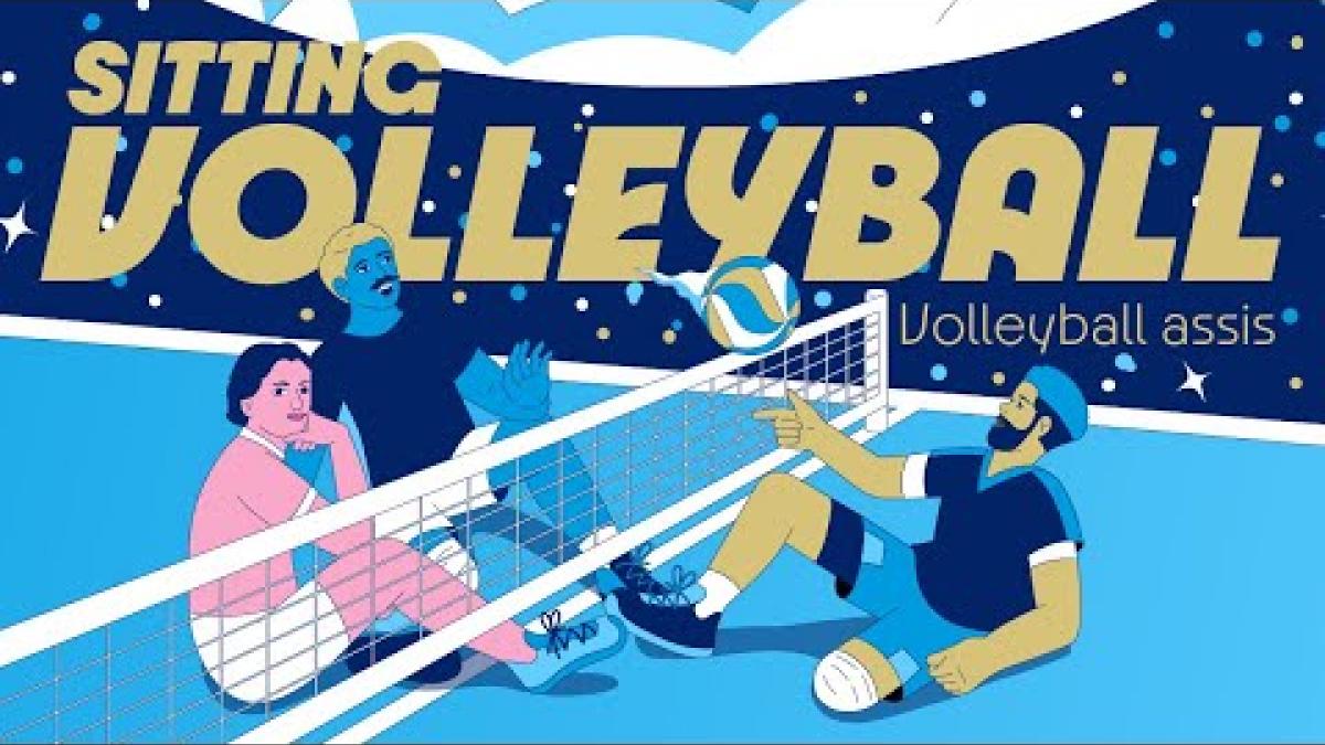 The thumbnail of a video introducing sitting volleyball. A graphic of three players with a net separating one of them from the other two and a volleyball in the air.