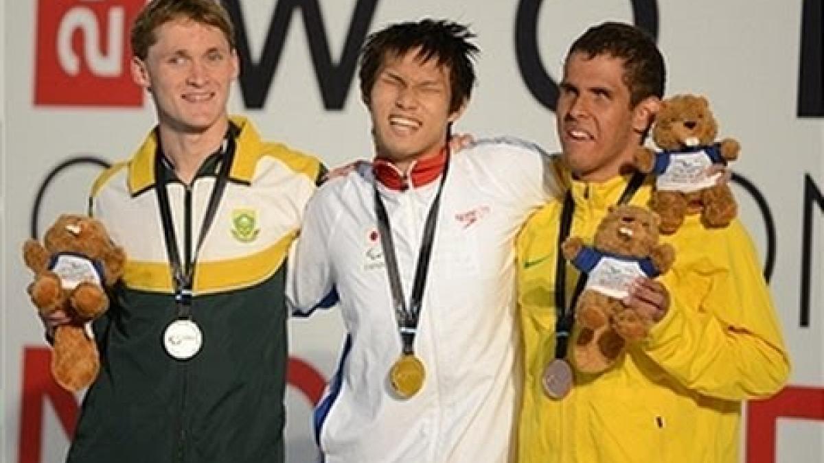 Swimming - men's 100m freestyle S11 medal ceremony - 2013 IPC Swimming World Championships