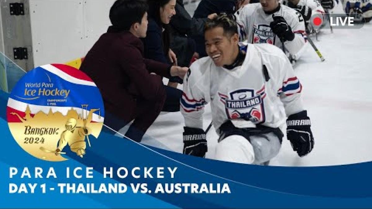 Video Thumbnail with a Para Ice Hockey athlete in action and with text "Para ice hockey Bangkok 2024 Day 1 - Thailand vs Australia."