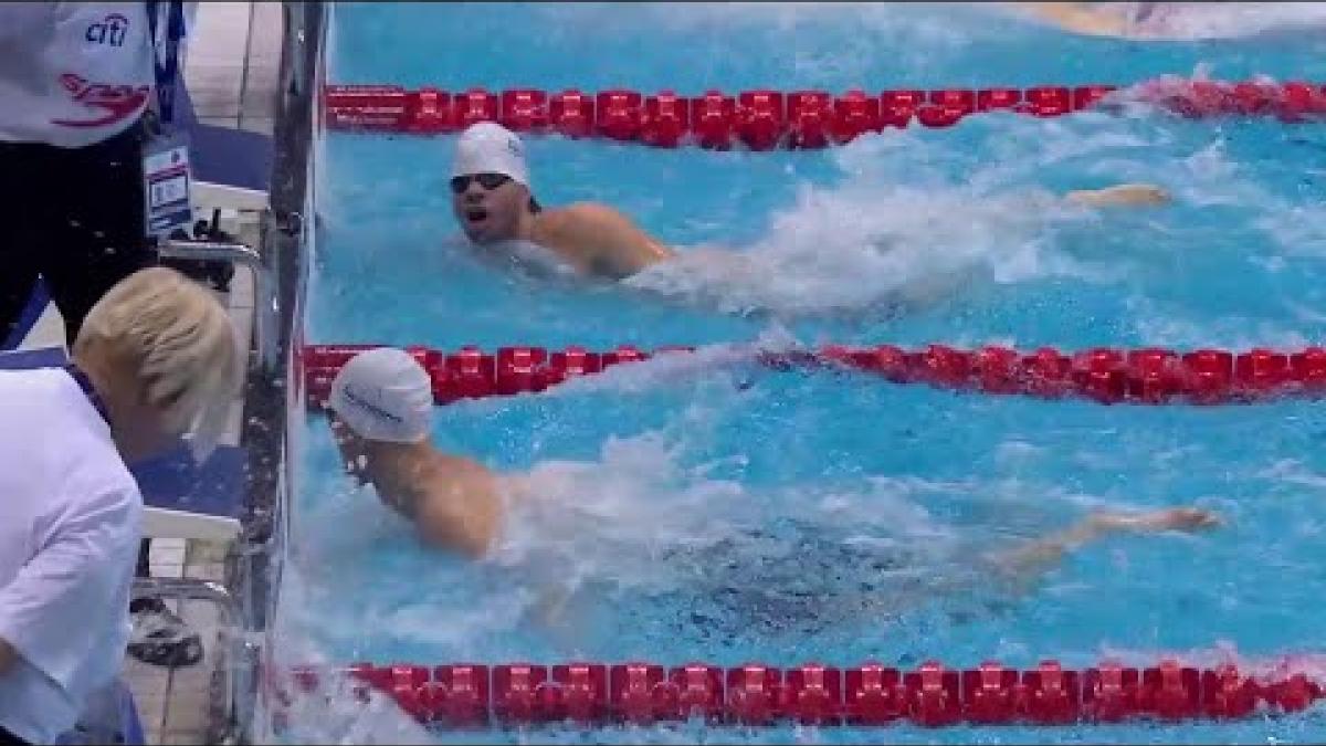 Video Thumbnail about the Men&#039;s 50m Freestyle S13 Final | London 2019 with 2 male Para Swimming athletes in action. 