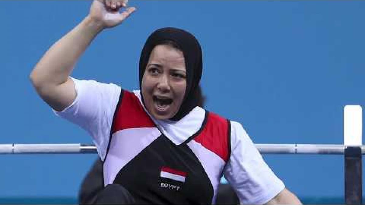 Video Thumbnail of top 5 moments in Para Powerlifting with a female Para powerlifting athlete celebrating. 