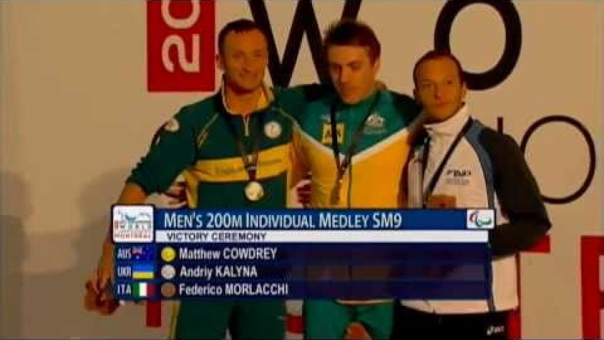 Swimming - medal ceremony men's 200m individual medley SM9  - 2013 IPC Swimming Worlds