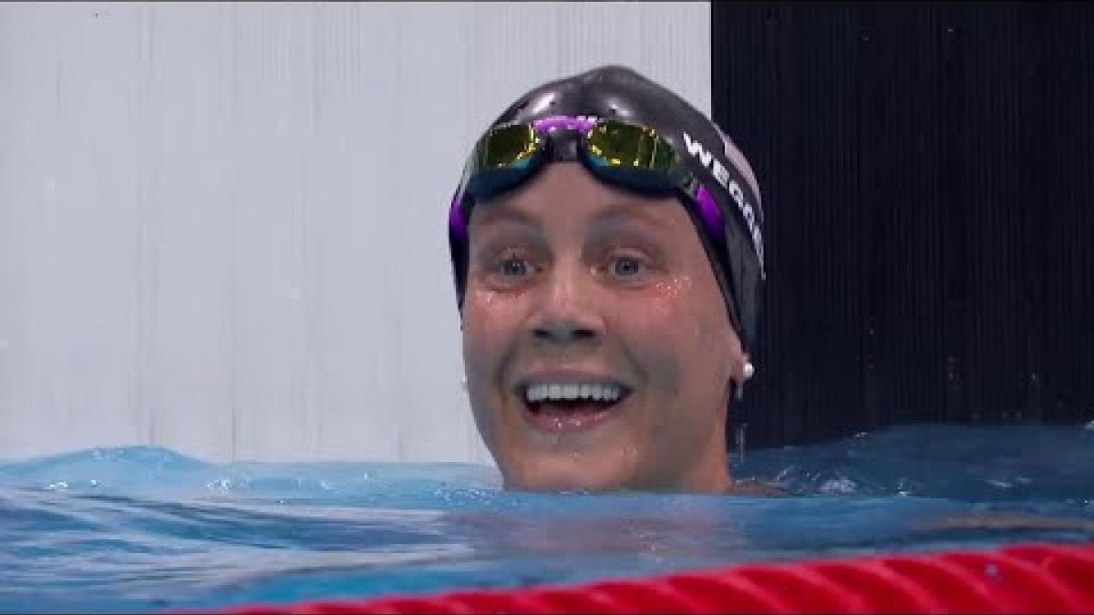 Video Thumbnail about the Women&#039;s 50m Freestyle S7 Final | London 2019 and a female Para swimmer on the FOP. 