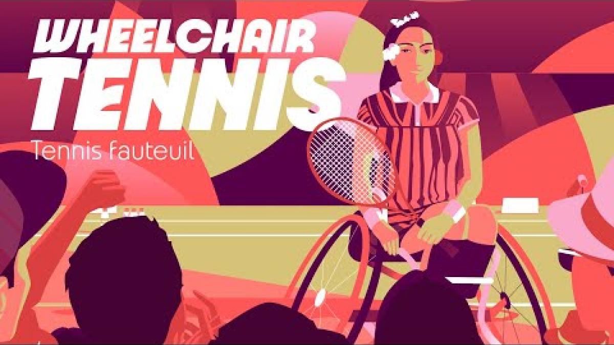 Video Thumbnail of an illustrated female wheelchair tennis athlete and text "wheelchair tennis Tennis fauteuil".