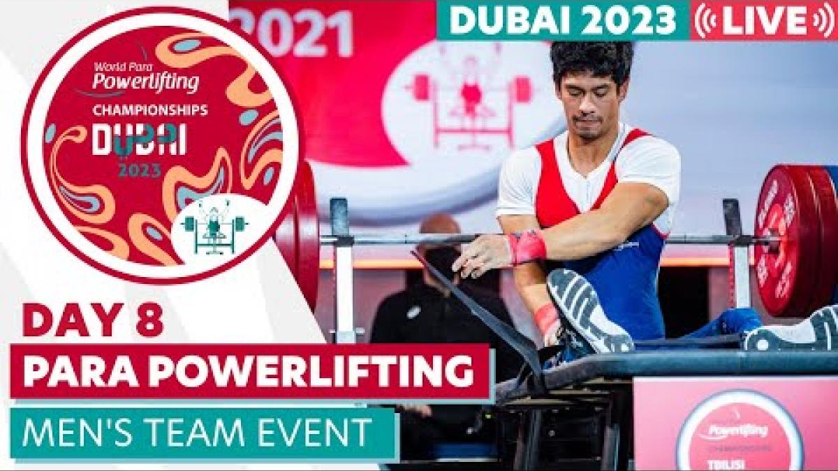 Video Thumbnail of a Para powerlifting athlete in action and with text &quot;Dubai 2023 Day 8 Para powerlifting men&#039;s team Event.&quot;